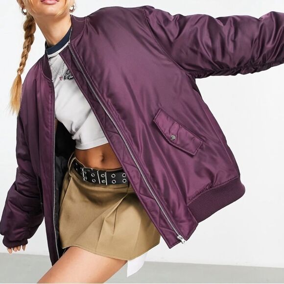 ASOS DESIGN Oversized Bomber Jacket in Wine - Picture 1 of 6